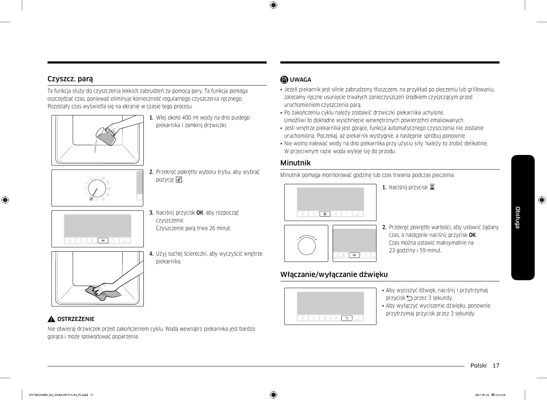 Samsung NV70K2340RB/EO manual Czyszcz. parą, Minutnik, Włączanie/wyłączanie dźwięku 