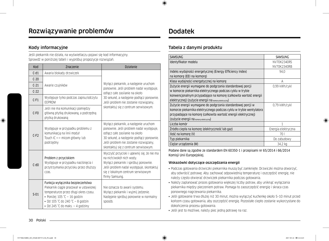 Samsung NV70K2340RB/EO manual Rozwiązywanie problemów Dodatek, Kody informacyjne, Tabela z danymi produktu 