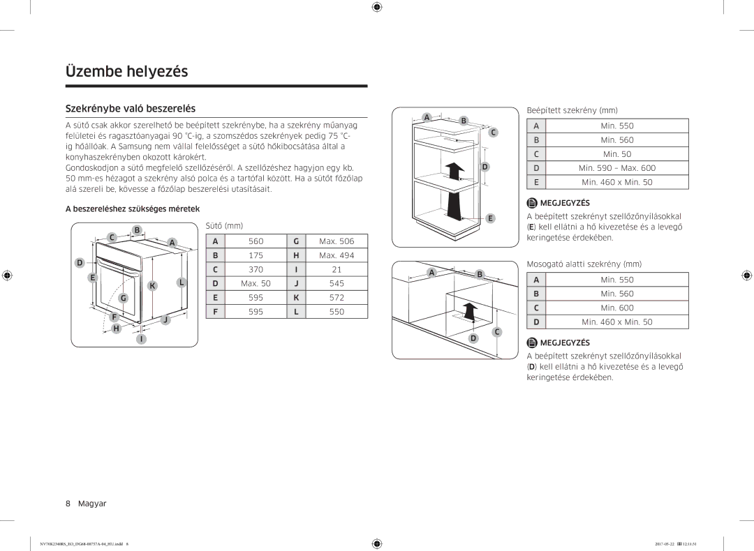 Samsung NV70K2340RB/EO manual Szekrénybe való beszerelés 