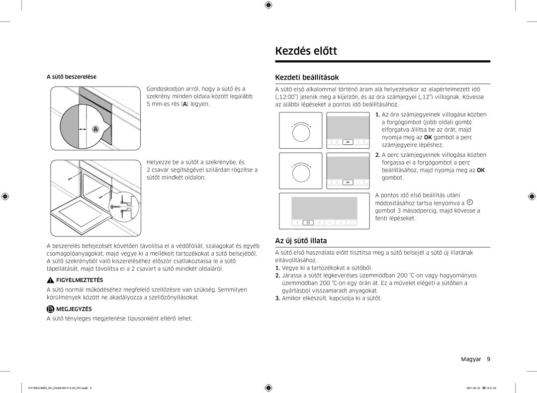 Samsung NV70K2340RB/EO manual Kezdés előtt, Kezdeti beállítások, Az új sütő illata 