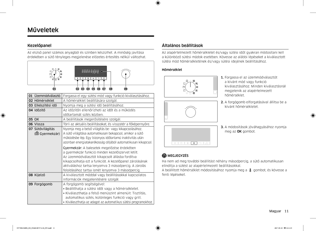 Samsung NV70K2340RB/EO manual Műveletek, Kezelőpanel, Általános beállítások 