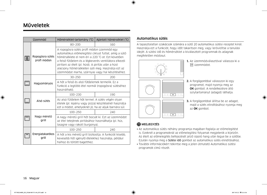 Samsung NV70K2340RB/EO manual Automatikus sütés 