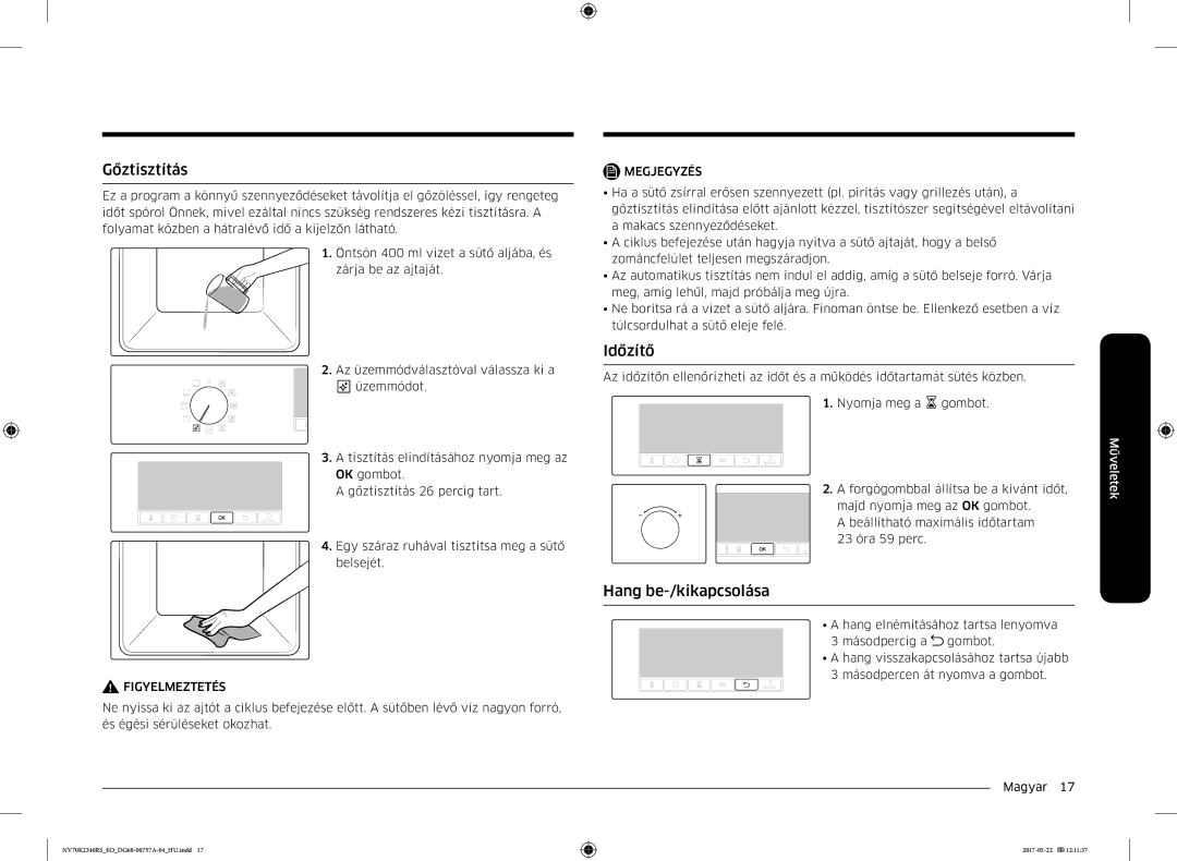 Samsung NV70K2340RB/EO manual Gőztisztítás, Időzítő, Hang be-/kikapcsolása 