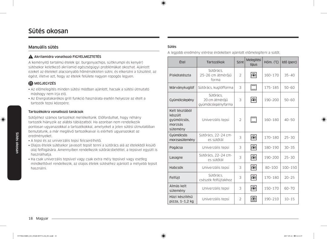 Samsung NV70K2340RB/EO manual Sütés okosan, Manuális sütés 