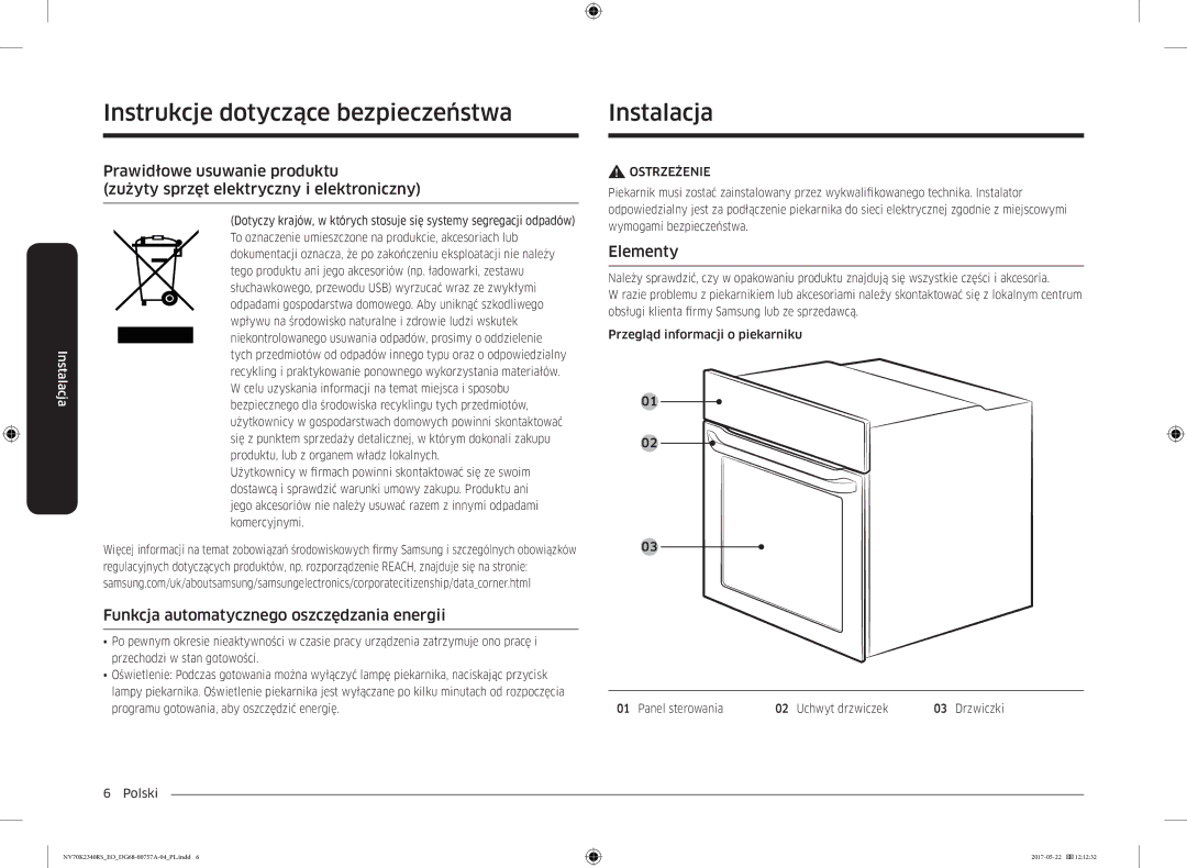 Samsung NV70K2340RB/EO manual Instrukcje dotyczące bezpieczeństwa Instalacja, Funkcja automatycznego oszczędzania energii 