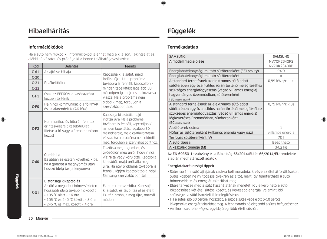 Samsung NV70K2340RB/EO manual FüggHibaelhárításlék Függelék, Információkódok, Termékadatlap 