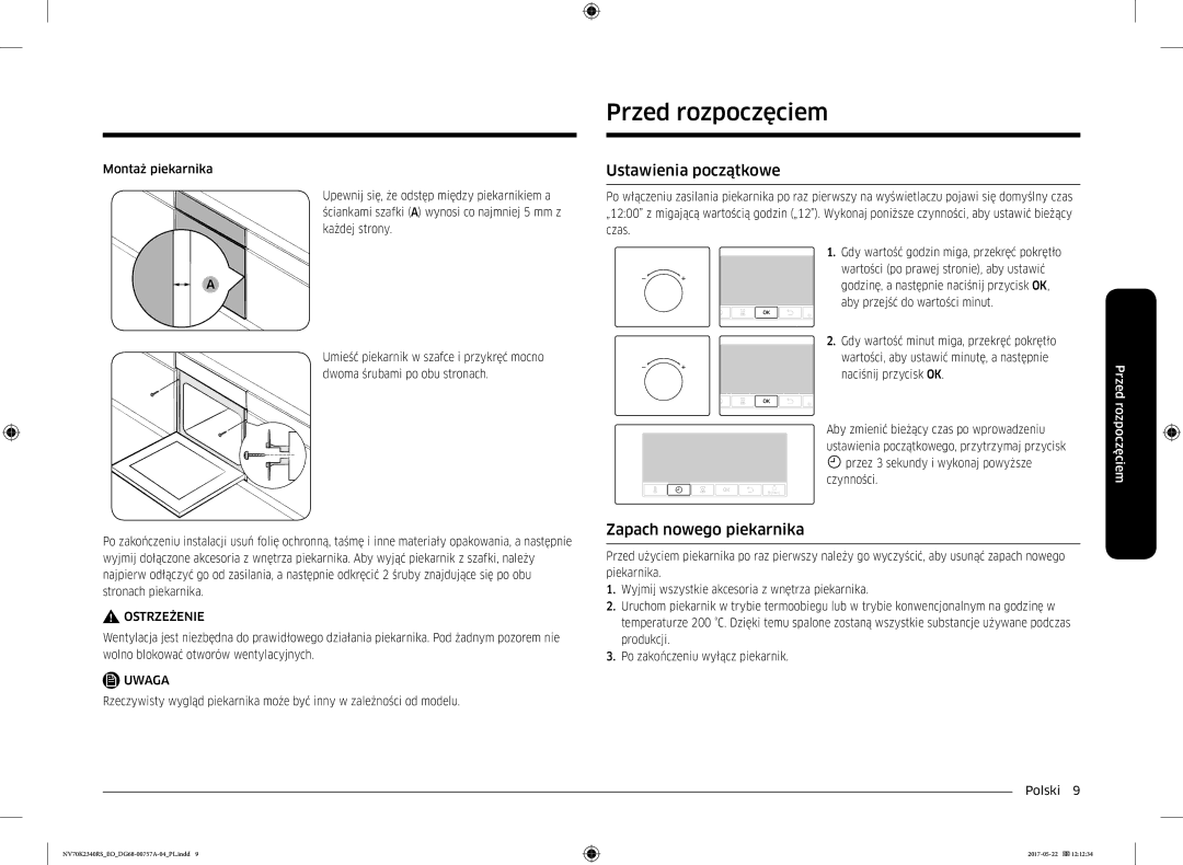 Samsung NV70K2340RB/EO manual Przed rozpoczęciem, Ustawienia początkowe, Zapach nowego piekarnika 