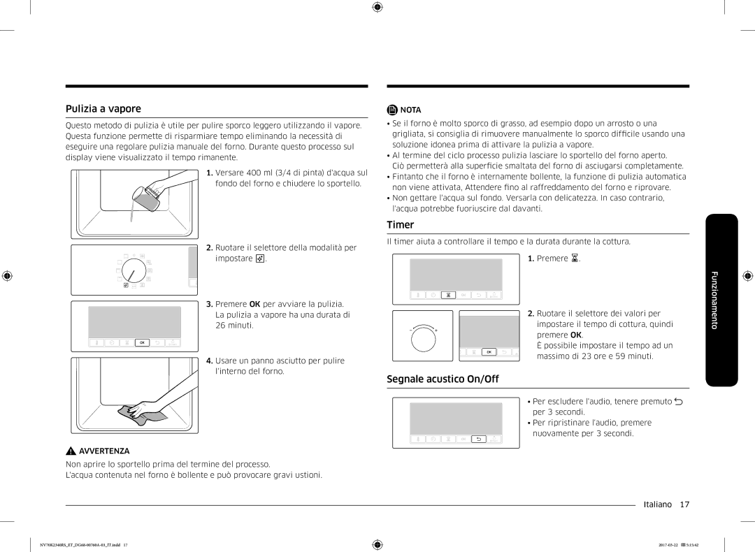 Samsung NV70K2340RB/ET manual Pulizia a vapore, Timer, Segnale acustico On/Off 