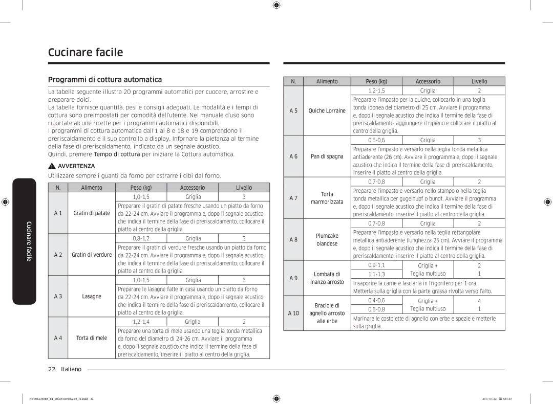 Samsung NV70K2340RB/ET manual Programmi di cottura automatica, Piatto al centro della griglia 1,2 Griglia 