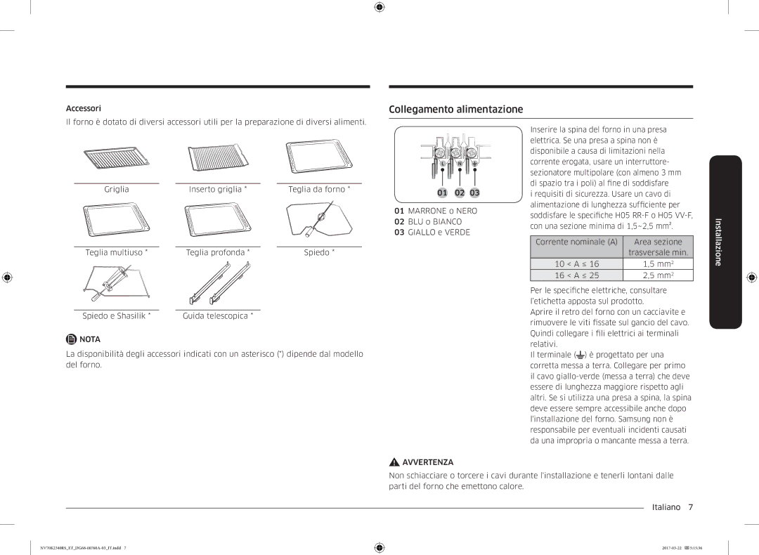 Samsung NV70K2340RB/ET manual Collegamento alimentazione 