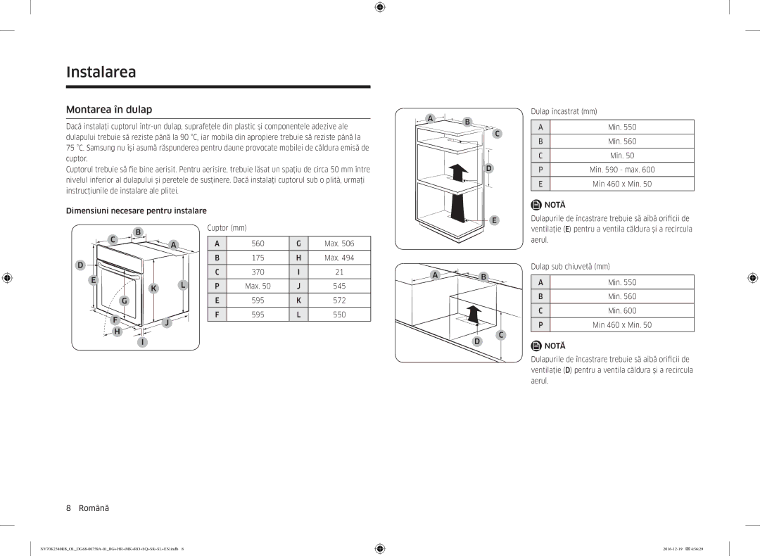 Samsung NV70K2340RB/OL, NV70K2340RB/EO manual Montarea în dulap, Dimensiuni necesare pentru instalare Cuptor mm 560 Max 