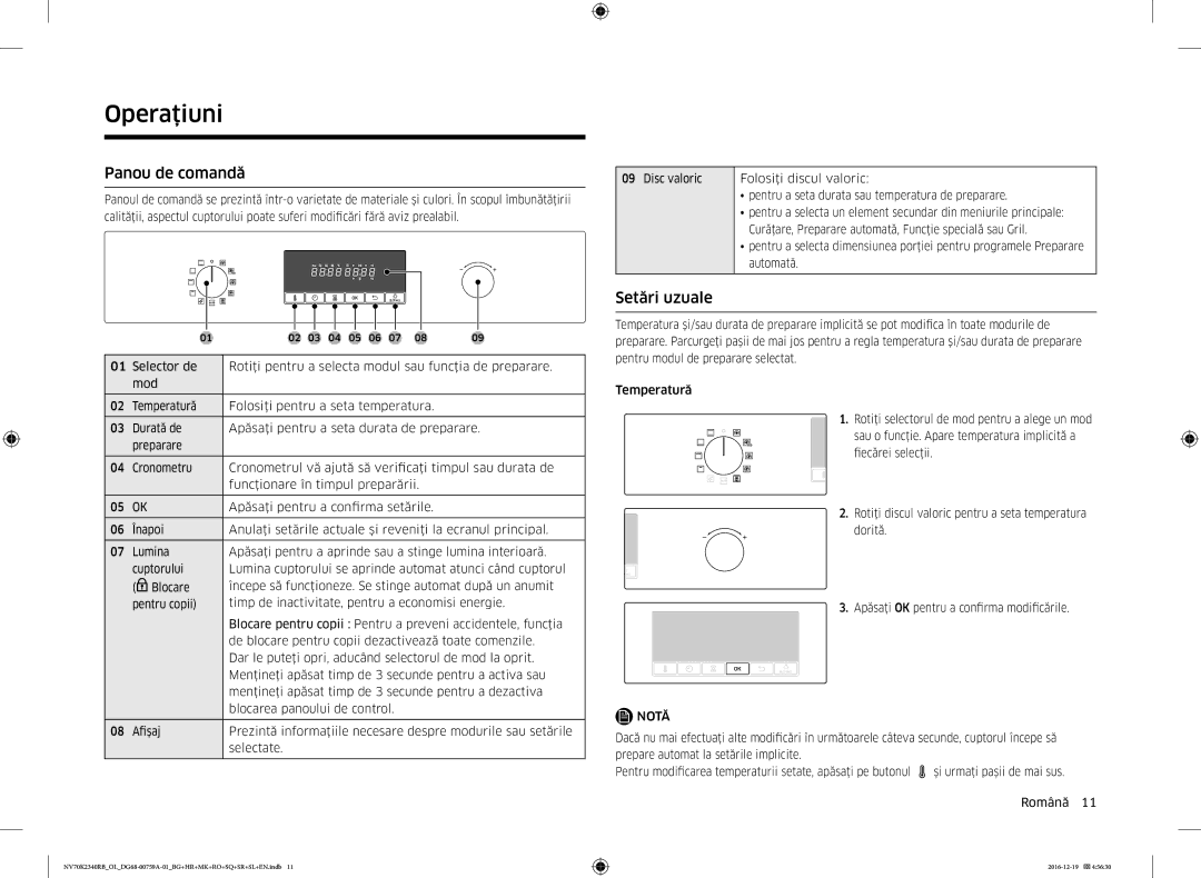 Samsung NV70K2340RB/EO, NV70K2340RB/OL manual Operaţiuni, Panou de comandă, Setări uzuale 