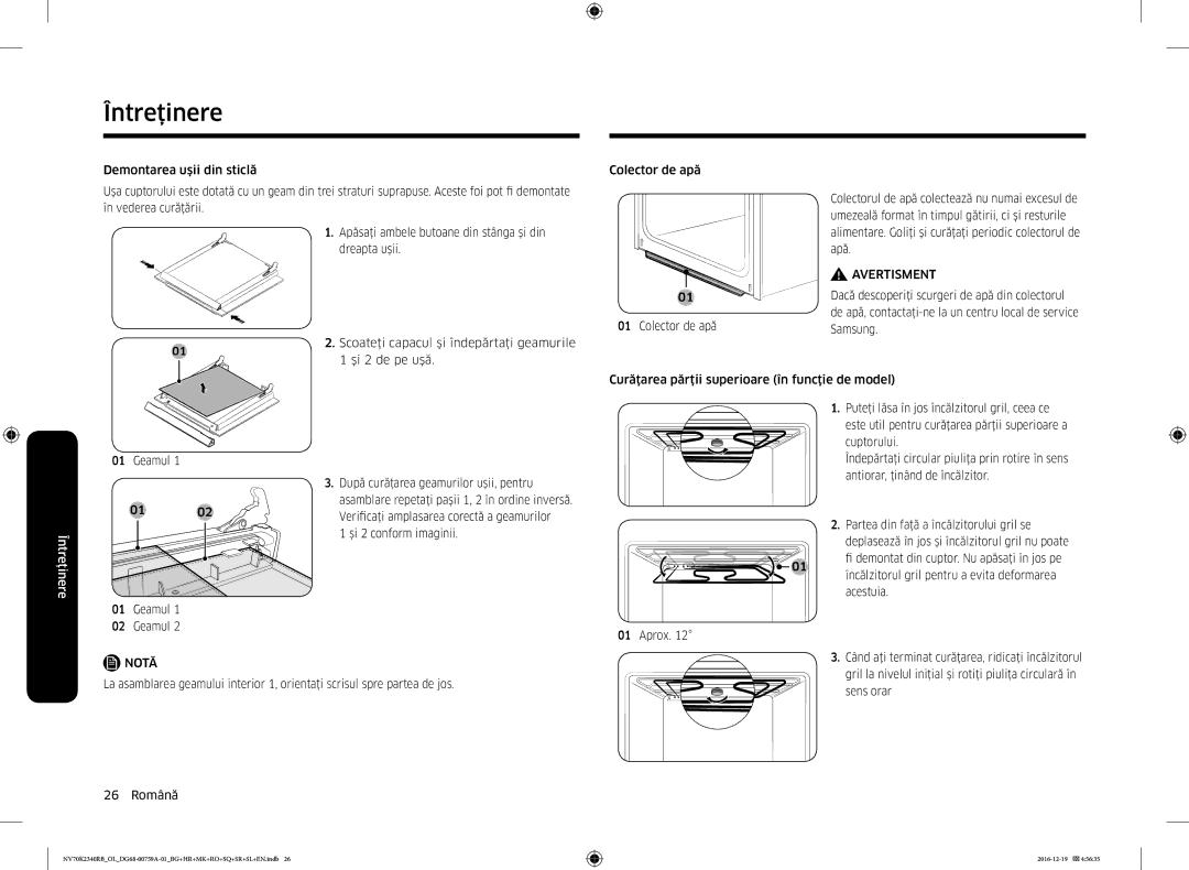 Samsung NV70K2340RB/OL, NV70K2340RB/EO manual Verificaţi amplasarea corectă a geamurilor, Şi 2 conform imaginii, Acestuia 