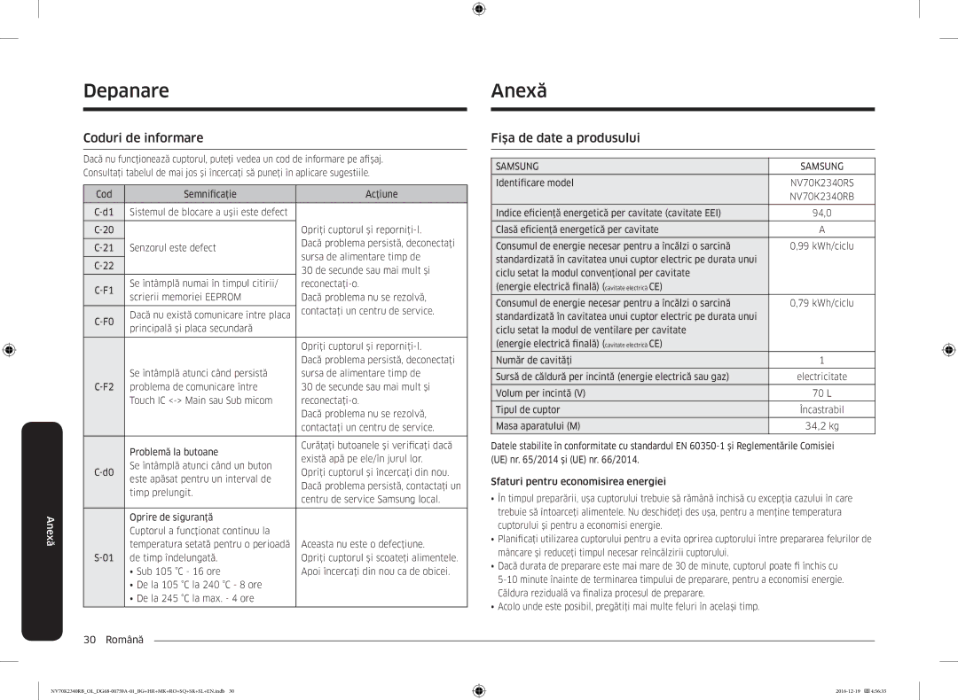 Samsung NV70K2340RB/OL, NV70K2340RB/EO Depanare Anexă, Coduri de informare, Fişa de date a produsului, Identificare model 