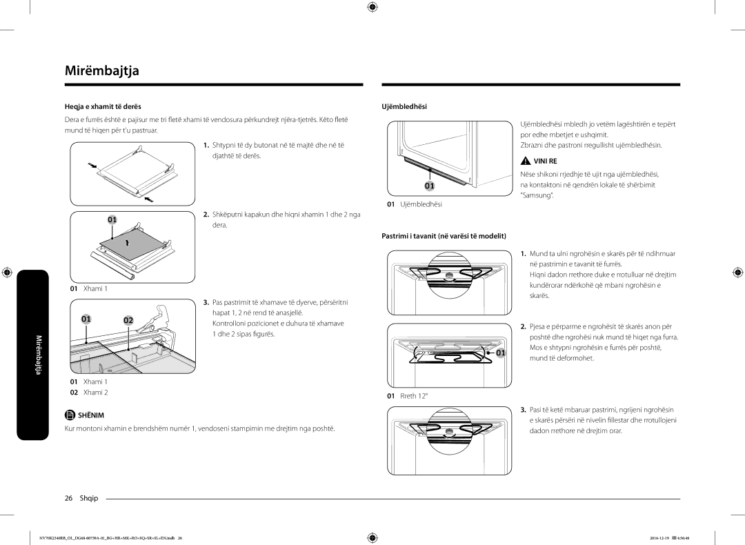 Samsung NV70K2340RB/OL, NV70K2340RB/EO manual Heqja e xhamit të derës, Ujëmbledhësi, Pastrimi i tavanit në varësi të modelit 