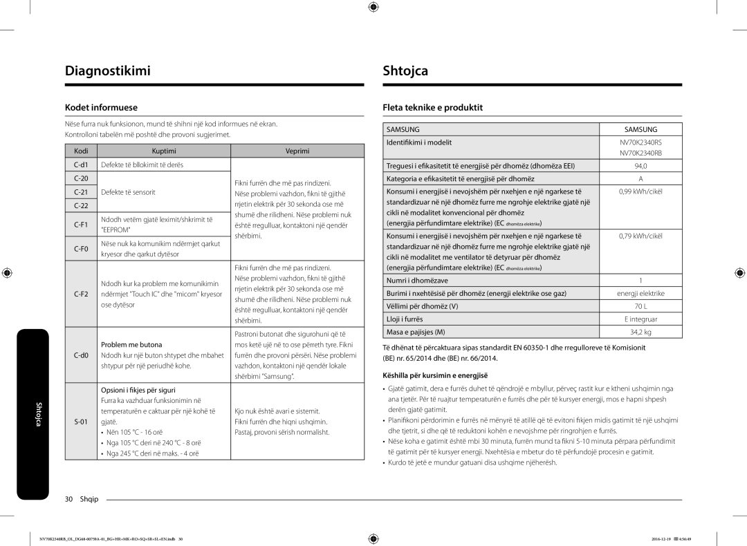 Samsung NV70K2340RB/OL, NV70K2340RB/EO manual DiagnostikimiShtojca, Kodet informuese, Fleta teknike e produktit 