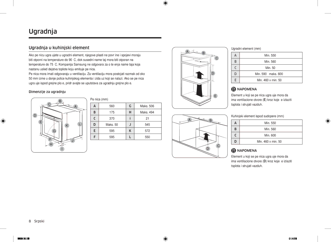 Samsung NV70K2340RB/OL, NV70K2340RB/EO manual Ugradnja u kuhinjski element 