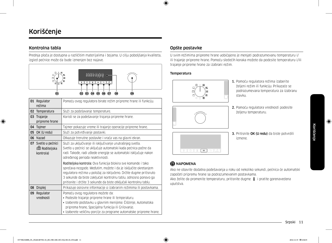 Samsung NV70K2340RB/EO, NV70K2340RB/OL manual Korišćenje, Kontrolna tabla, Opšte postavke 