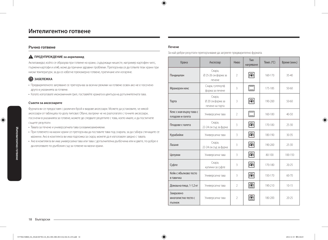 Samsung NV70K2340RB/OL Интелигентно готвене, Ръчно готвене, Предупреждение за акриламид, Съвети за аксесоарите, Печене 