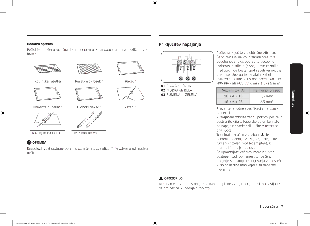 Samsung NV70K2340RB/EO, NV70K2340RB/OL manual Priključitev napajanja, Dodatna oprema 