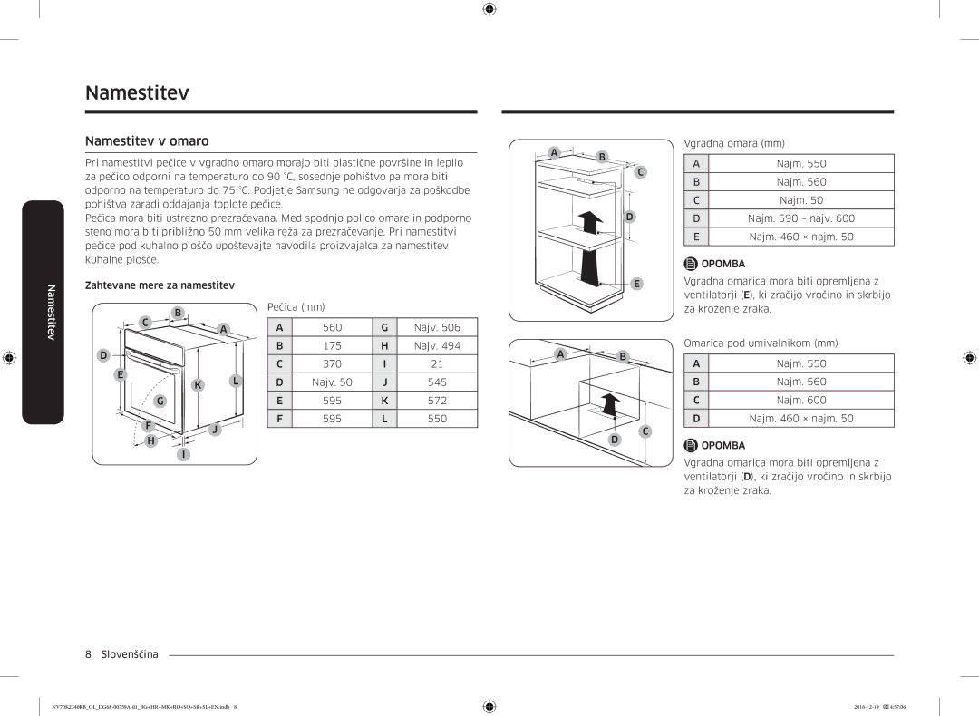 Samsung NV70K2340RB/OL, NV70K2340RB/EO manual Namestitev v omaro 