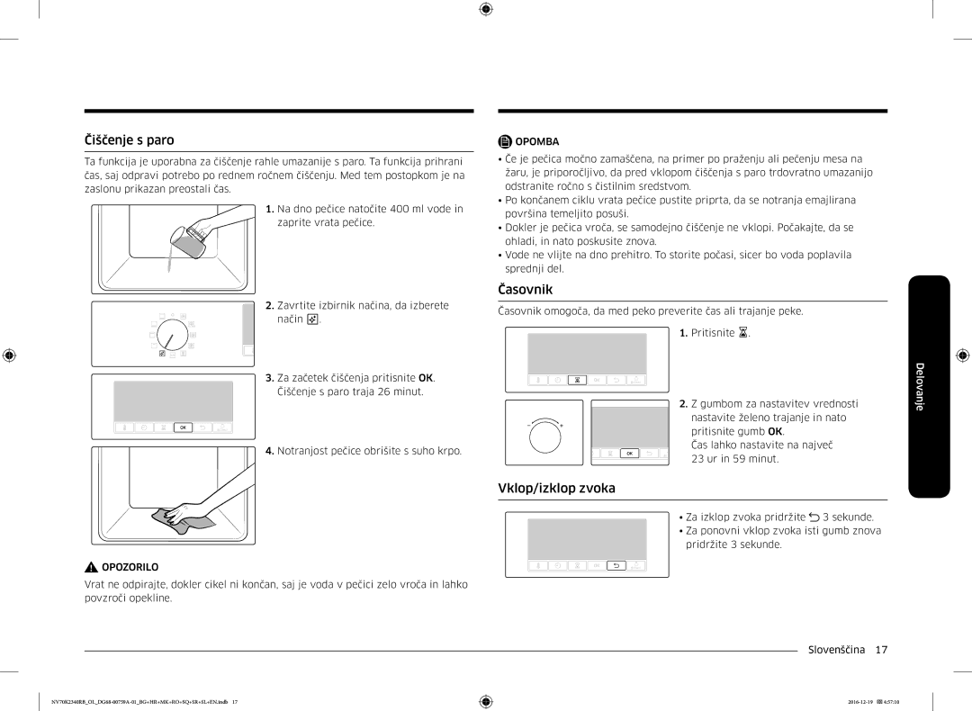 Samsung NV70K2340RB/EO, NV70K2340RB/OL manual Čiščenje s paro, Časovnik, Vklop/izklop zvoka 