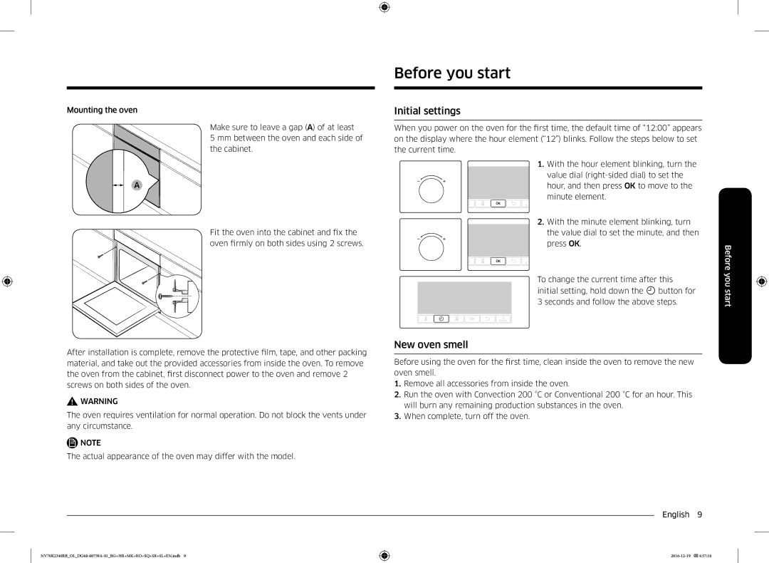 Samsung NV70K2340RB/EO, NV70K2340RB/OL manual Before you start, Initial settings, New oven smell 