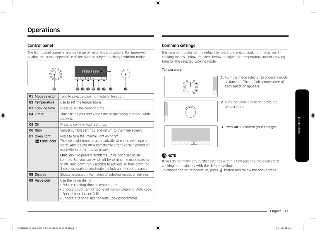 Samsung NV70K2340RB/EO, NV70K2340RB/OL manual Operations, Control panel, Common settings 