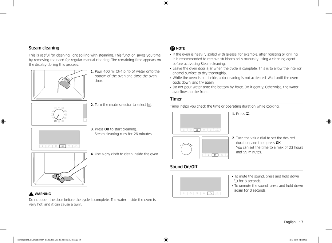 Samsung NV70K2340RB/EO, NV70K2340RB/OL manual Steam cleaning, Timer, Sound On/Off 