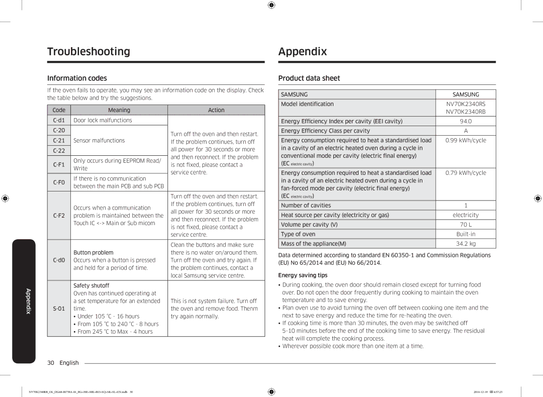 Samsung NV70K2340RB/OL, NV70K2340RB/EO manual AppendixTroubleshooting, Information codes, Product data sheet 