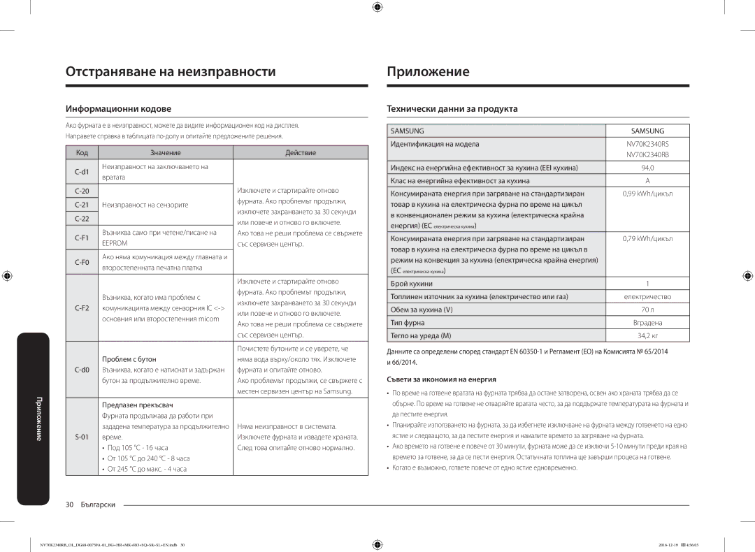 Samsung NV70K2340RB/OL manual Приложение, Информационни кодове, Технически данни за продукта, Съвети за икономия на енергия 