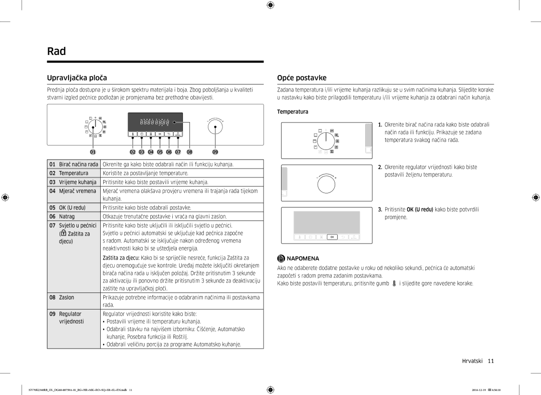 Samsung NV70K2340RB/EO, NV70K2340RB/OL manual Rad, Upravljačka ploča, Opće postavke 