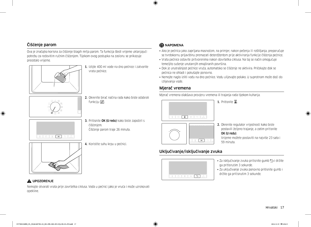 Samsung NV70K2340RB/EO, NV70K2340RB/OL manual Čišćenje parom, Mjerač vremena, Uključivanje/isključivanje zvuka 