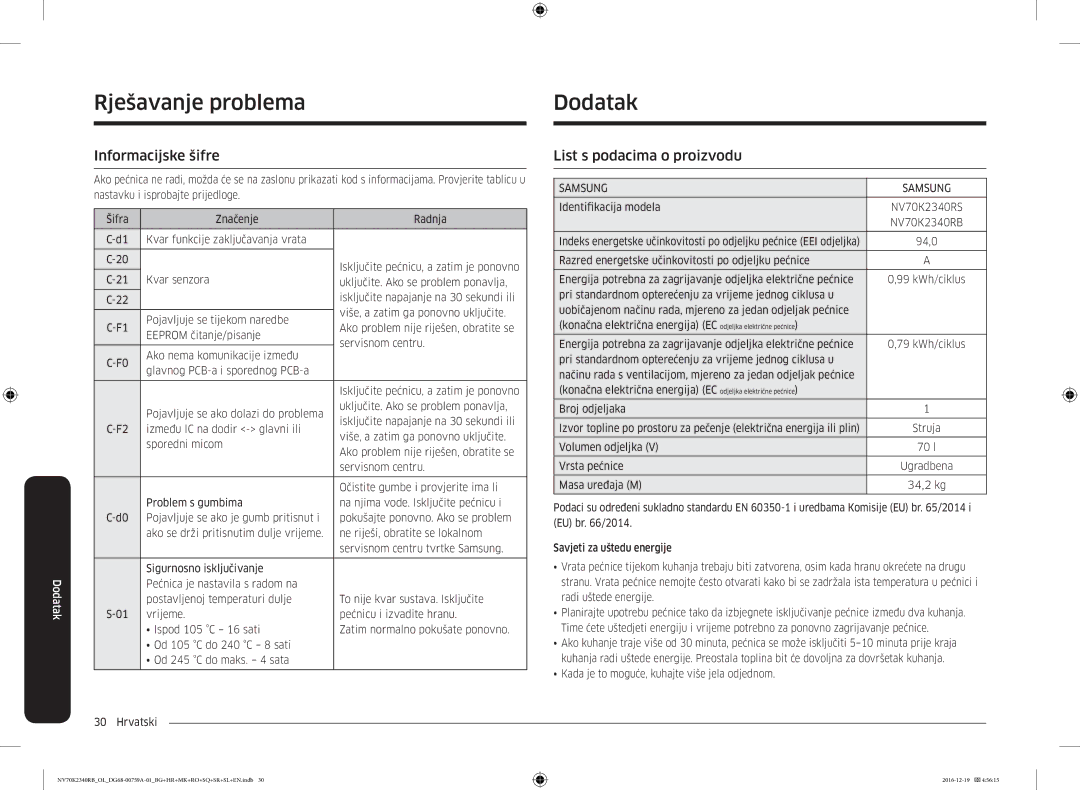 Samsung NV70K2340RB/OL, NV70K2340RB/EO manual Rješavanje problema Dodatak, Informacijske šifre, List s podacima o proizvodu 