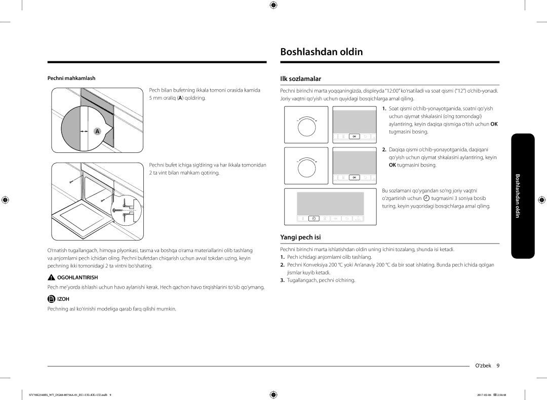 Samsung NV70K2340RS/WT, NV70K2340RB/WT manual Boshlashdan oldin, Ilk sozlamalar, Yangi pech isi, Pechni mahkamlash 