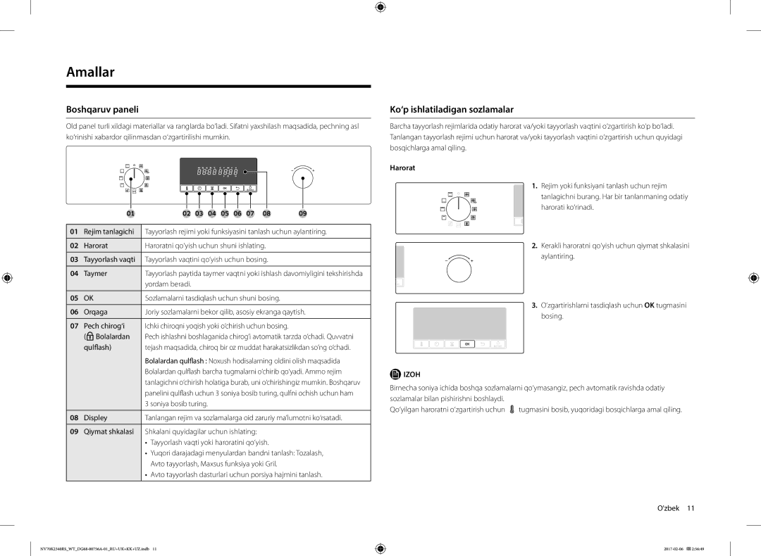 Samsung NV70K2340RS/WT, NV70K2340RB/WT manual Amallar, Boshqaruv paneli, Ko‘p ishlatiladigan sozlamalar, Harorat 