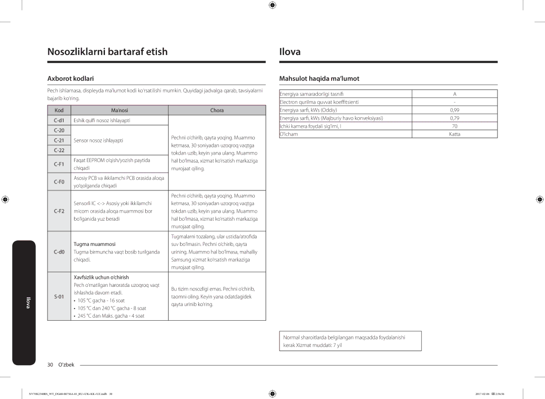 Samsung NV70K2340RB/WT, NV70K2340RS/WT manual Bartaraf etish Ilova, Axborot kodlari, Mahsulot haqida ma’lumot 