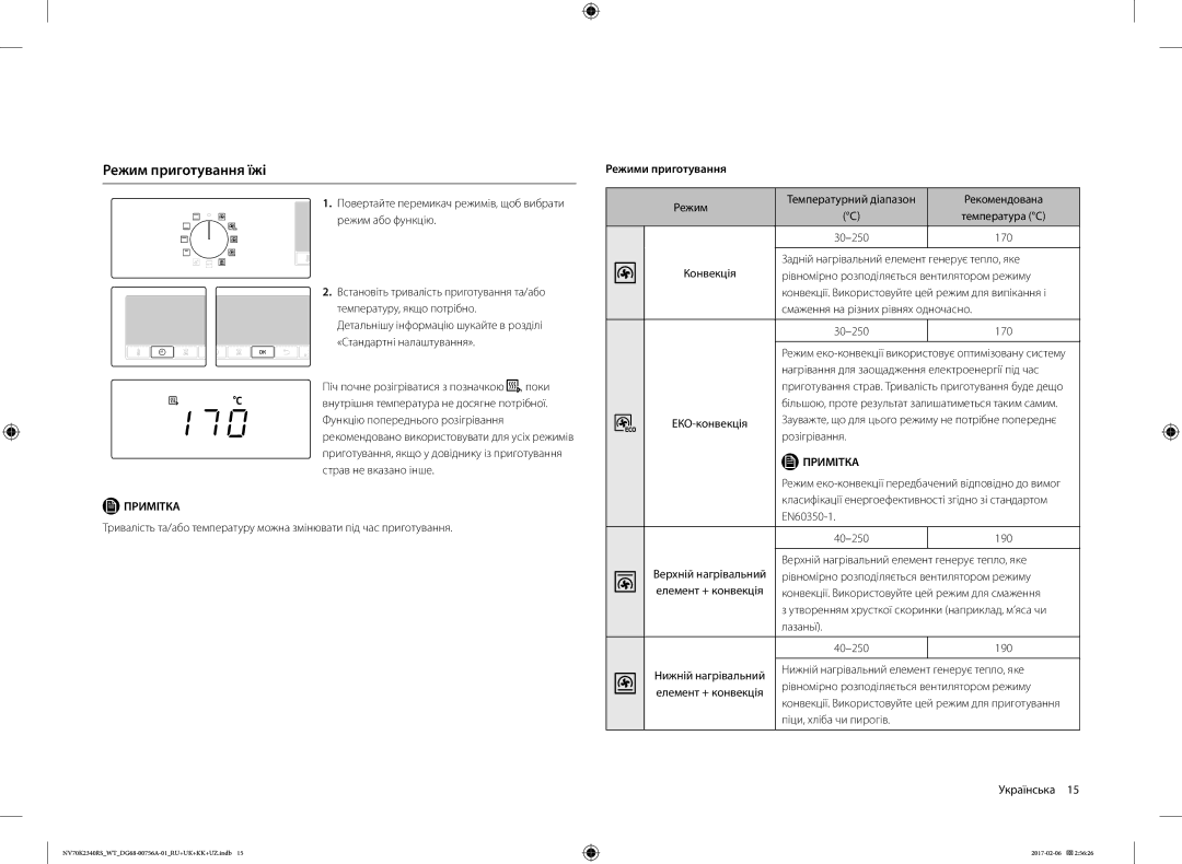 Samsung NV70K2340RS/WT, NV70K2340RB/WT manual Режим приготування їжі, Режими приготування 