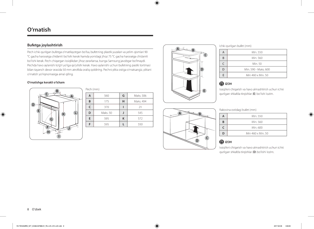 Samsung NV70K2340RG/WT, NV70K2341RG/WT manual Bufetga joylashtirish, ‘rnatishga kerakli o‘lcham, Maks 