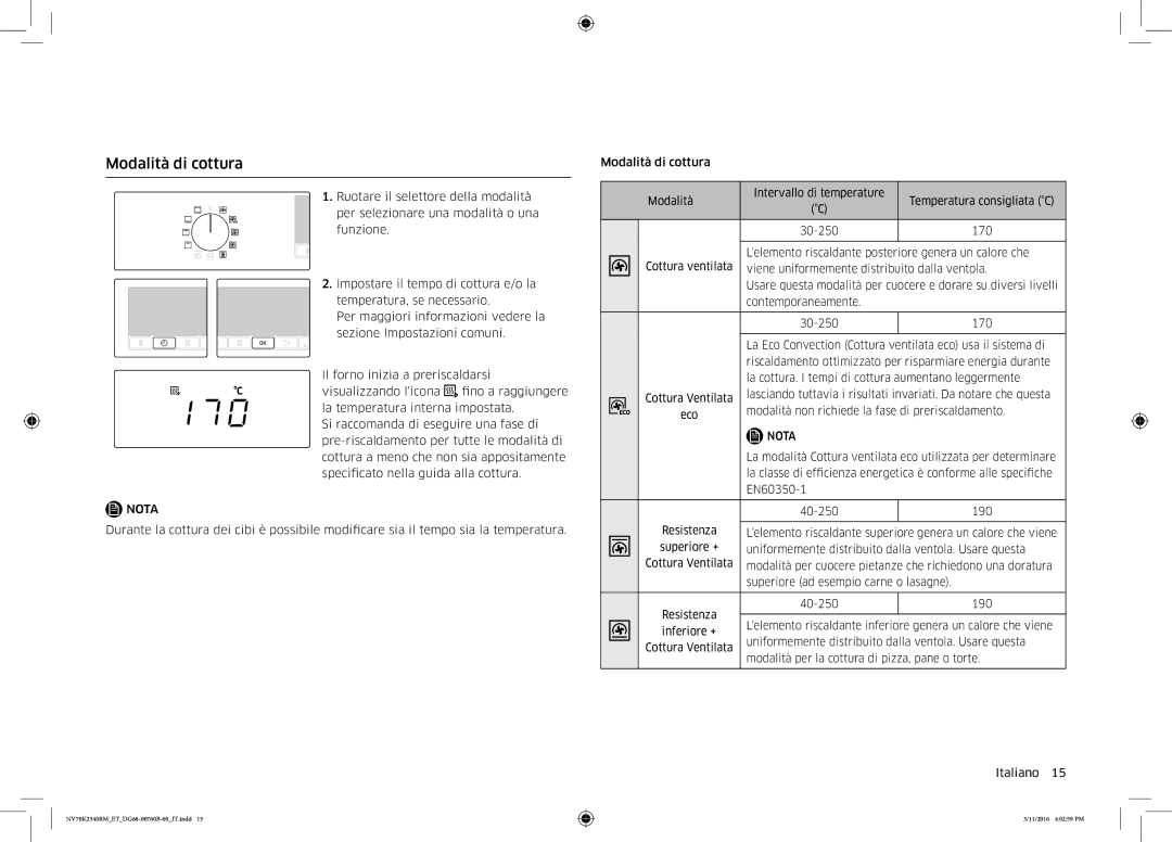 Samsung NV70K2340RM/ET manual Modalità di cottura 