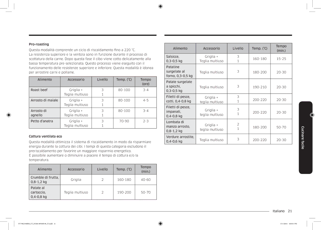 Samsung NV70K2340RM/ET manual Cucinare facile 