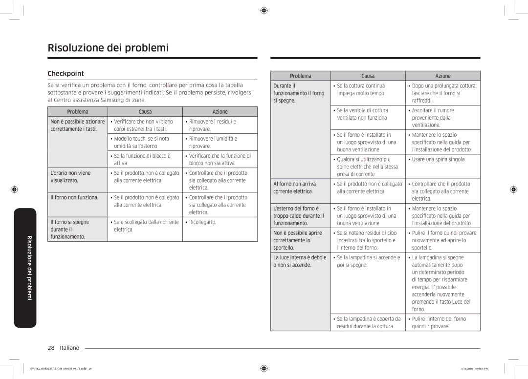 Samsung NV70K2340RM/ET manual Risoluzione dei problemi, Checkpoint 