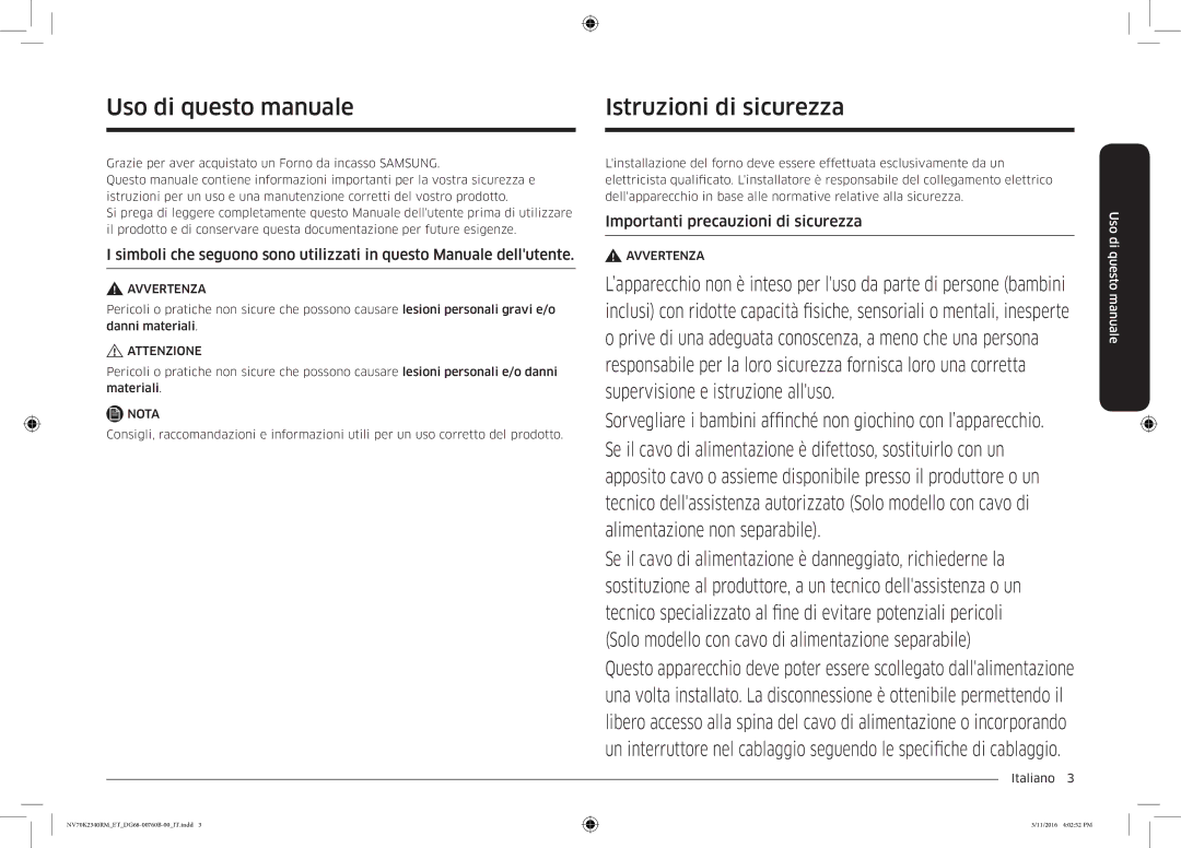 Samsung NV70K2340RM/ET Istruzioni di sicurezza, Uso di questo manuale, Importanti precauzioni di sicurezza 