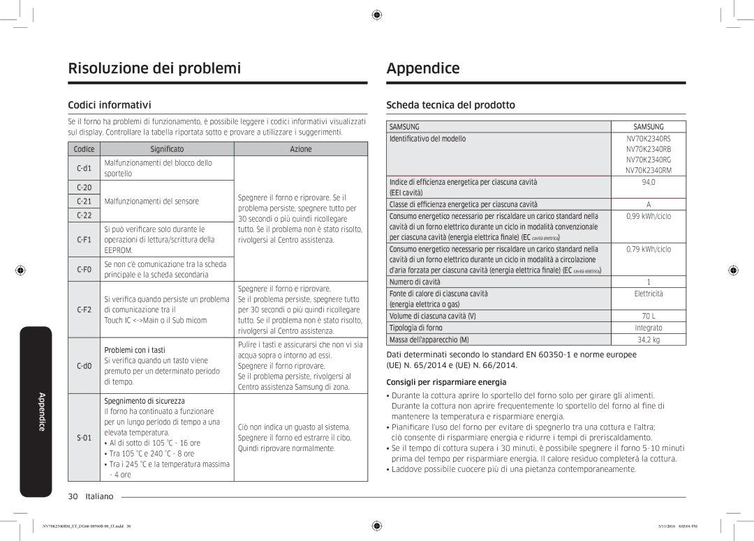 Samsung NV70K2340RM/ET manual Risoluzione dei problemi Appendice, Codici informativi, Scheda tecnica del prodotto 