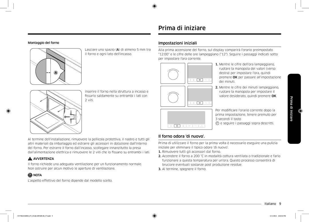 Samsung NV70K2340RM/ET manual Prima di iniziare, Impostazioni iniziali, Il forno odora di nuovo 