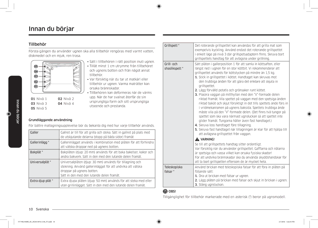 Samsung NV70K2340RS/EE manual Tillbehör, Innan du 