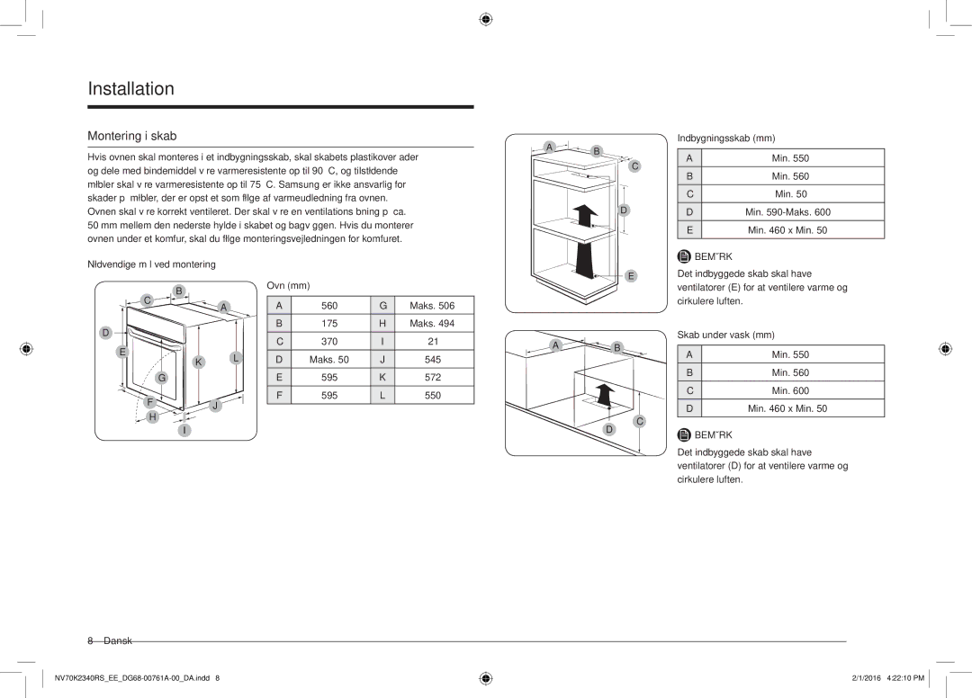 Samsung NV70K2340RS/EE manual Installation, Montering i skab 