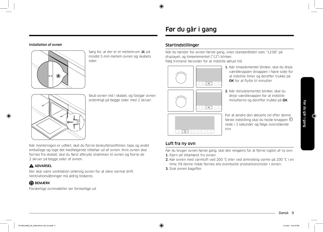 Samsung NV70K2340RS/EE manual Før du går i gang, Startindstillinger, Luft fra ny ovn 