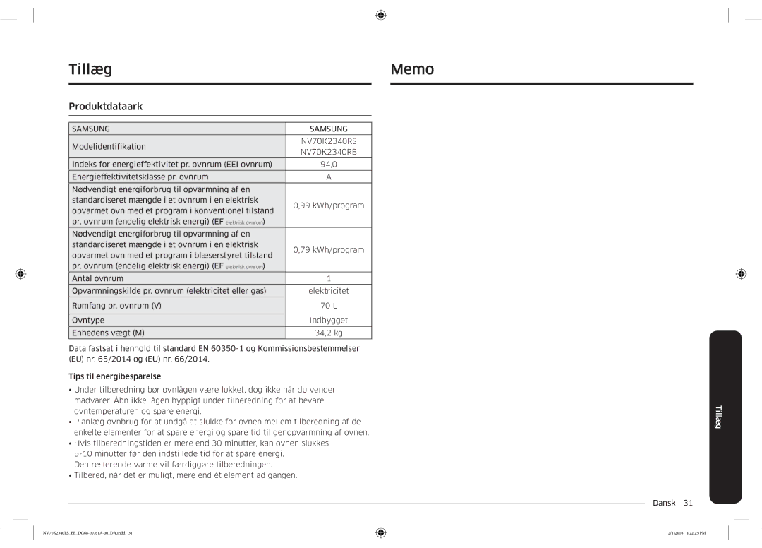 Samsung NV70K2340RS/EE manual Memo, Tillæg 