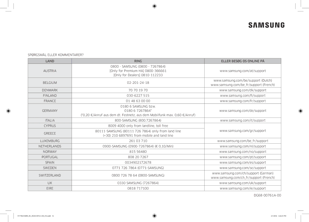 Samsung NV70K2340RS/EE manual NV70K2340RSEEDG68-00761A-00DA.indd 2016 42225 PM 